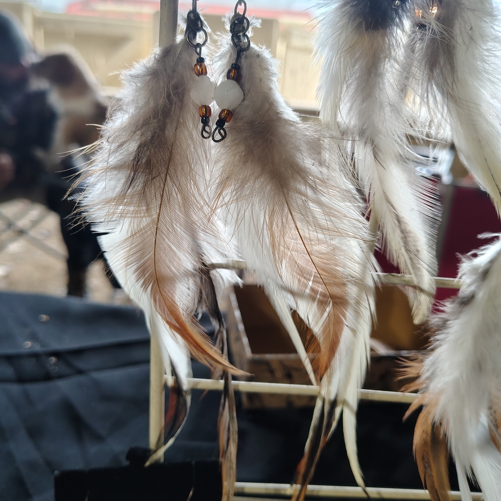 Boho Feather Drop Earrings in Brown and Cream